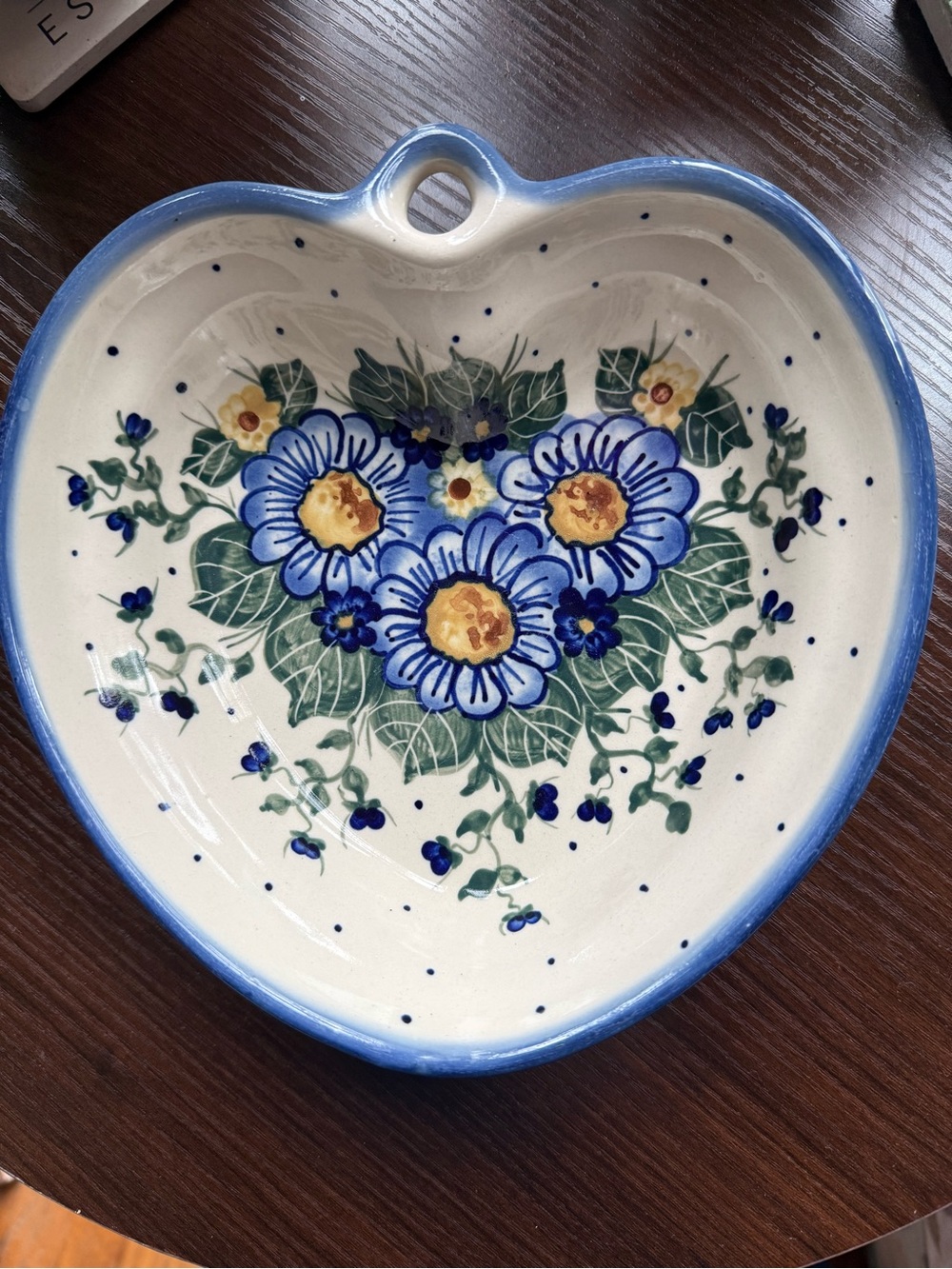 Polish pottery Heart-Shaped Floral Ceramic Dish in Blue and Cream